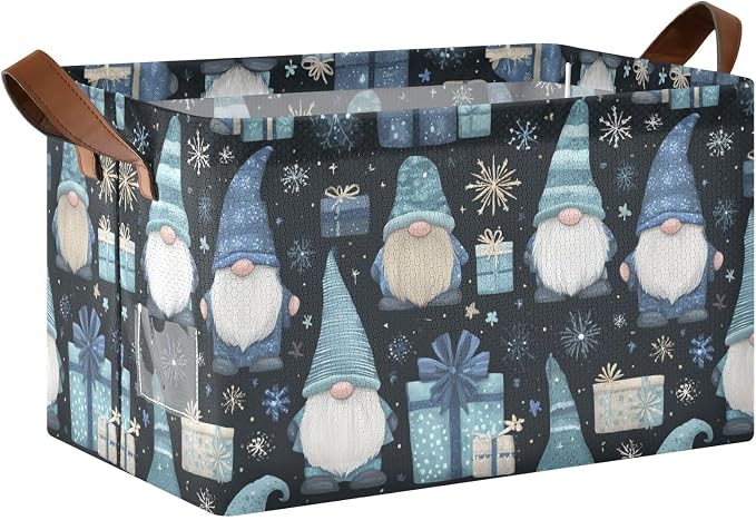 Snowflake and Gnome Winter Gift Storage Basket Foldable Cube Storage Bins with Handles&Label Waterproof Collapsible Organizer Box Bin Large Rectangle Decorative Baskets for Shelves Home Room Laundry