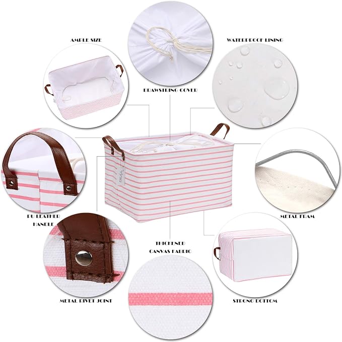 Hinwo 31L Large Canvas Storage Bin with Lid and Handles | Collapsible Fabric Basket, Closet Shelf Organizer, Container for Clothing, Blankets, Toys, Bedding (Pink Stripe)