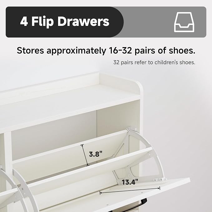 Shoe Storage Cabinet with 4 Flip Drawers, Freestanding Shoe Organizer with Adjustable Shelf & Anti-Tipping Device, Hidden Shoe Rack for Entryway, Hallway, Foyer, Lounge（White）