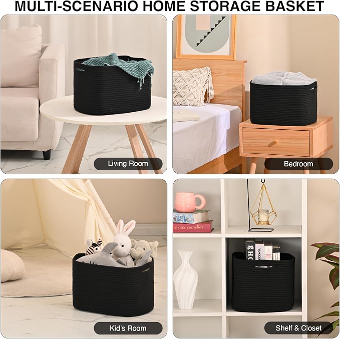 ICERZCZ Woven Cotton Rope Storage Basket for Organizing, Cute Decorative Baskets for Gifts Empty, Organizer Bins for Dog Toy, Baby Laundry, 15“×11”×9.5“, Black