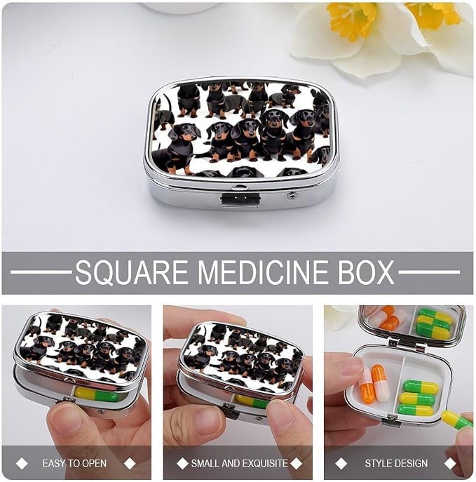 Metal Pill Organizer 2 Compartment Travel Pill Case with Mirror Waterproof & Leak-Proof Dachshund Weiner Pet Dog Pill Boxes for Daily Meds Vitamins Supplements Fits in Purse Pocket Bag