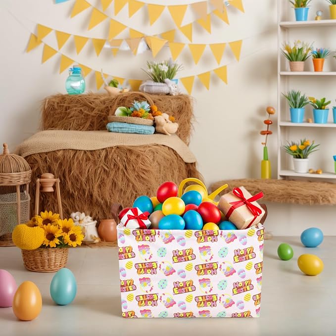 Large Empty Easter Basket for Kid Baby Rectangular Cute Easter Gift Bunny Eggs Décor Storage Basket (Pink Happy Egg)
