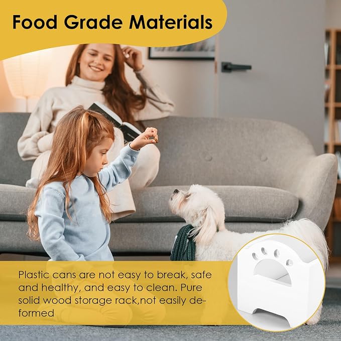 Dog Treat Container, Food Storage Container with 3 Plastic Dog Treat Jars, Reusable Cat Treat Container, Pet Treat Storage Organizer, Wood Dog Treat Holder, Dog Food Container for Dog Cat(white)