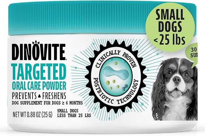 Dinovite Dog Dental Powder, Brush-Free Breath Freshener & Teeth Cleaning Dental Care Powder with Probiotics & Postbiotics, Oral Care Bad Breath Treatment, Small Dogs, Made in USA, 30 Day Supply
