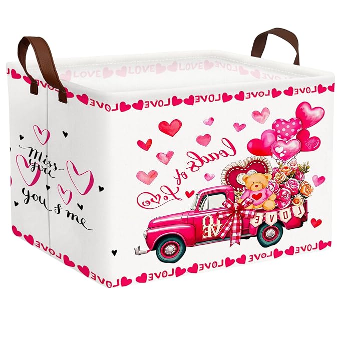Cute Large Valentine's Day Gift Basket Empty Heart Decor Storage Bin for Kid Baby Room Décor (Rose Red Truck Bear)