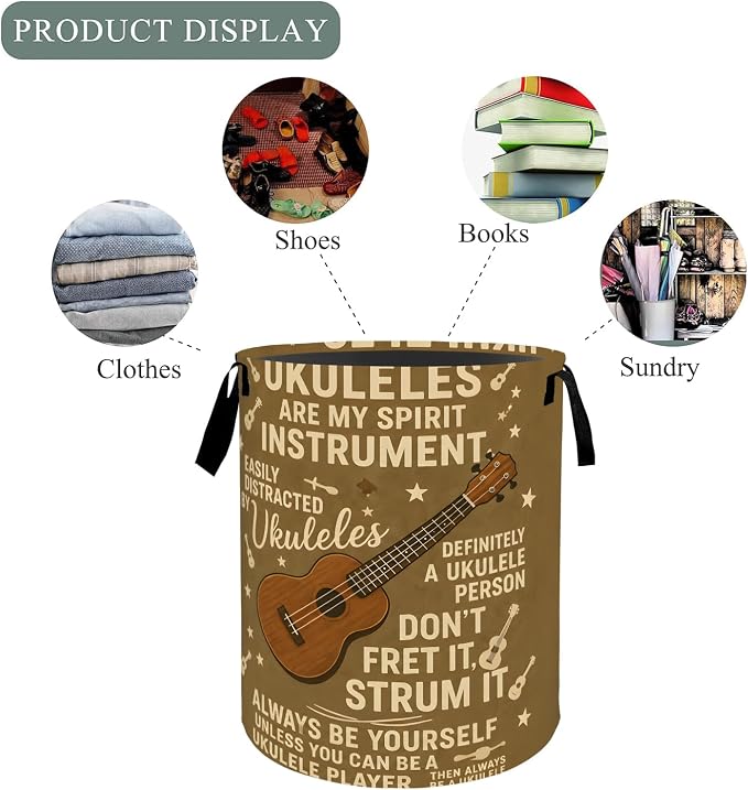 Rustic Music Ukulele Laundry Basket Hamper, Organizer Bins Gifts for Women Kids, Musical Quote Foldable Waterproof Clothes Hamper Handles Storage Bucket for Bedroom Bathroom Room Decor 19.7"x15.7"