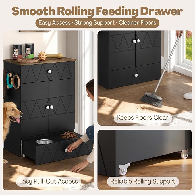 Dog Feeding Station with Storage Cabinet, Hidden Pull-Out Elevated Dog Bowls, Stainless Steel Feeding Drawer, Adjustable Shelves & Hooks, Modern Pet Food Storage Organizer for Dogs (Black)