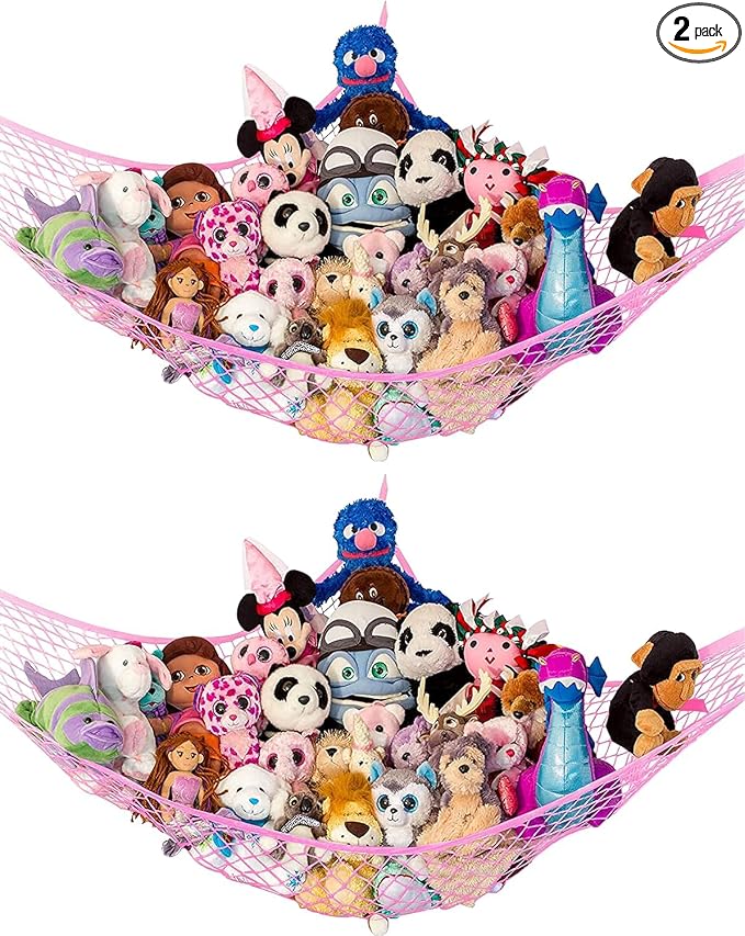 Stuffed Animal Hammock XL 2 Pack | Corner Stuffed Animal Storage & Plushie Net | Extra Large Toy Hammock for Stuffed Animals | Easy Hang, Hardware Included | Pink Bedroom Decor | by Lilly's Love