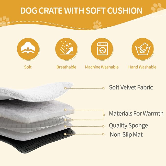 Hzuaneri 63" Double Dog Crate Furniture, Dog Kennel Indoor with Cushion | Heavy Duty Dog Crate Furniture for 2 Dogs,Dog Cage End Table TV Stand with Divider for Med-Large Dogs,White Brown DFC80914BV1
