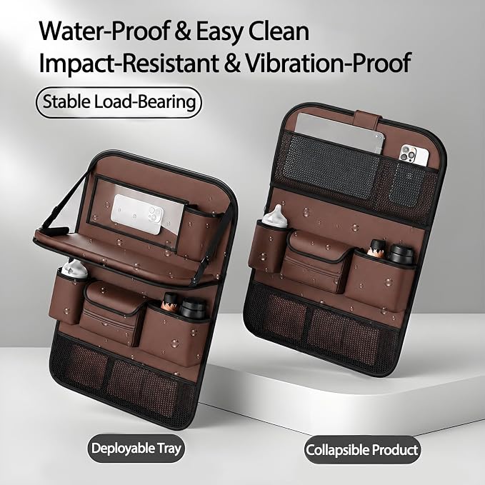 2 Pack Leather Car Backseat Organizer with Foldable Table Tray, Universal Car Seat Back Protector Kick Mat with Touchscreen Tablet Holder, Storage Pockets, Cup Holders & Tissue Holder, Brown