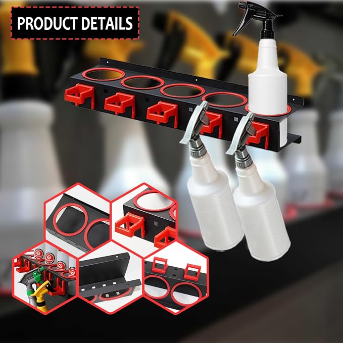 Wall-Mounted Spray Bottle Rack 2 Pack, Steel Garage with Hooks & Brushes | Rust-proof baked enamel finish, large capacity storage. Quick install, space-efficient for auto detailing & workshop use