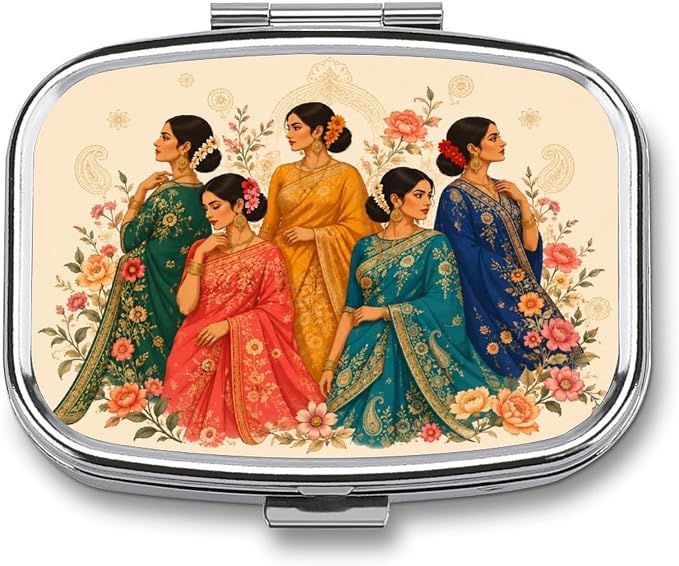Elegant Women in Traditional Sarees Two Compartment Pill Box Medicine Organizer, Portable Pill Case with Secure Snap Closure for Vitamins Medication Supplements Daily Use