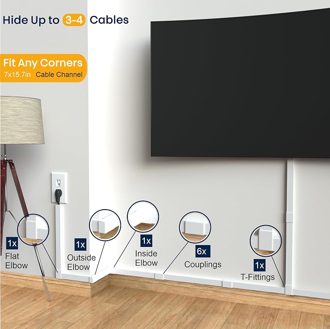 Cord Hider for Wall Mounted TV - Fits 3-4 Cables, 110in Paintable Cable Concealer Kit, Self-Adhesive Wire Cover Channel, Cable Raceway Wire Hider for Power Cords, 7X L15.7in X W1.00in X H0.63in, White