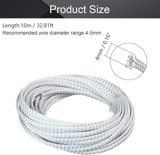 Heyiarbeit 10m/32.8ft PET Expandable Braid Cable Sleeving Flexible Wire Mesh Sleeve Silver White 4mm