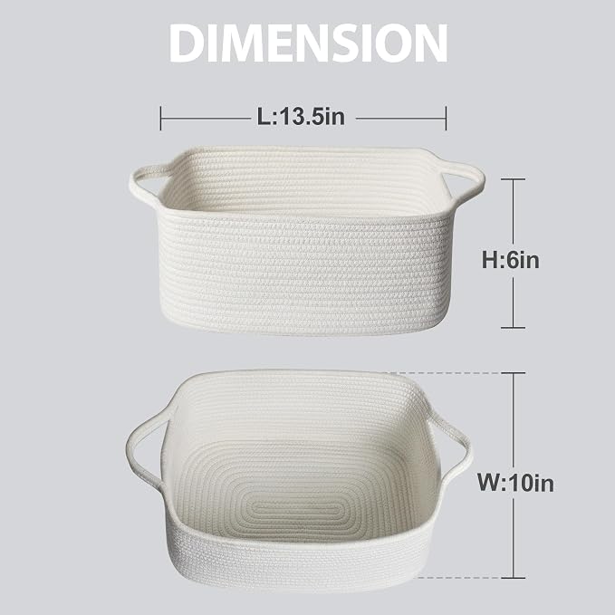 MEGASKET White Cute Cotton Rope Baskets for Organizing, 13.5"x10"x6" Woven Basket for Gifts Empty, Baby Nursery Closet Storage Organizer Bin, Cat Toy Bin Box, Decorative White Easter Gift Basket Empty