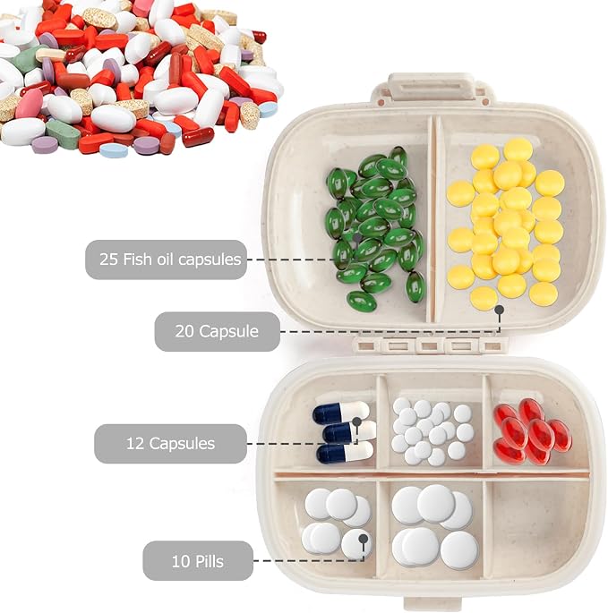1Pack Travel Pill Organizer & 56 Medicine Name Stickers, Beige | [8 Compartments Portable Pill Case] [Small Pill Box for Pocket Purse Portable Medicine Vitamin Container]