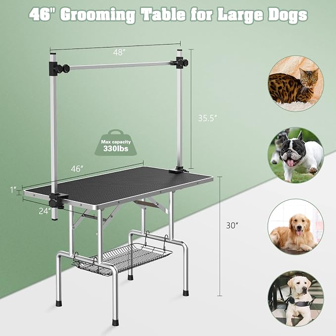 46'' Stainless Steel Pet Dog Grooming Table, Arm/Noose/Tray, Black | Foldable Dog Grooming Table for Dogs at Home, Adjustable Height Arm, Non-Slip Waterproof Tabletop, Capacity 330Lb