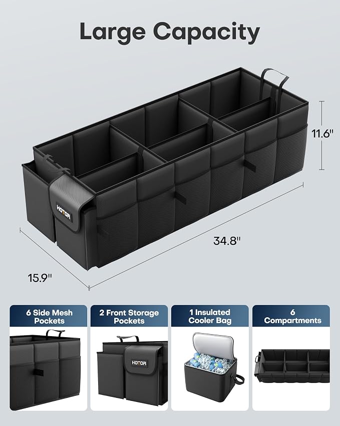 HOTOR Trunk Organizer, Sturdy Foldable with Cooler for Car, Sudan & SUV | Car Organizers and Storage, Detachable Cooler Bag, for Tools, Camping, 6 Compartments, Black, 34.8” x 15.9” x 11.6”