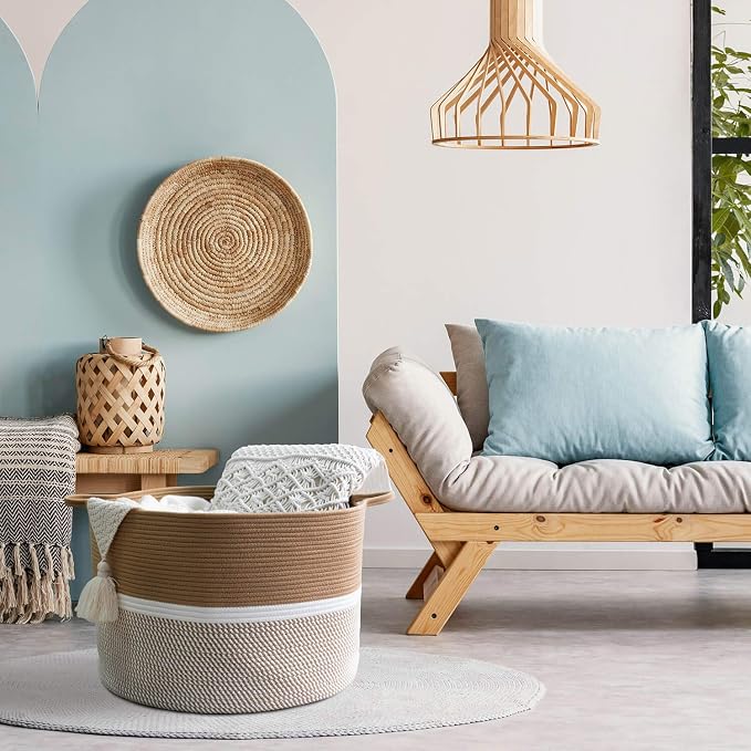 CHICVITA XXL Cotton Rope Woven Blanket Basket with Handles, Brown & White | Extra large 22x22x14in storage basket doubles as clothes hamper. Decorative for living room, nursery