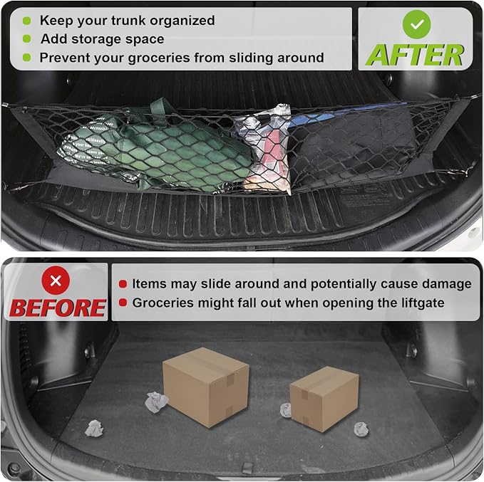 Muslogy Cargo Net for Toyota RAV4 2013-2018 Accessories | Custom Fit, Trunk Storage Organizer Net for SUV Sedan Van Divider, with Heavy Duty Carabiners, Night Visible Grab Handle