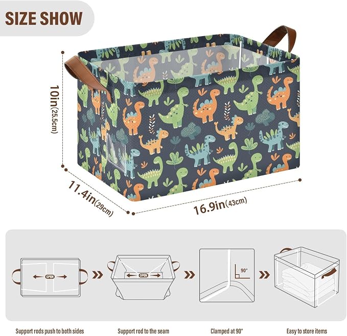 Sage Green Dinosaur Orange Black Baby Storage Basket with Labels&Handles Rectangular Waterproof Nursery Storage Bins Collapsible Shelf Organizer Baskets for Kids Books Cloth Gift Toys Laundry