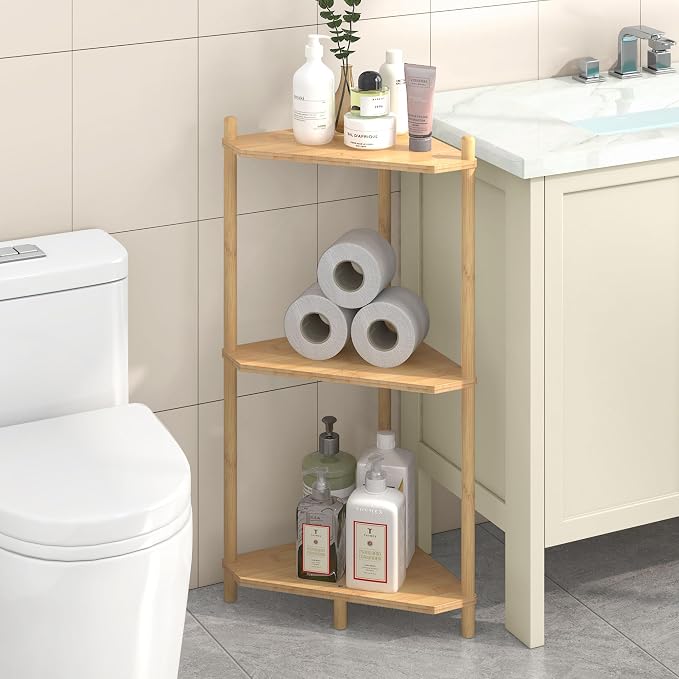 Wisuce Natural Small Corner Shelf Stand, 3-Tier Bamboo Corner Bookshelf | Space-Saving Narrow Corner Shelf | Bathroom Corner Shelf | Shelves for Bedroom, Living Room, Kitchen & Plant Display