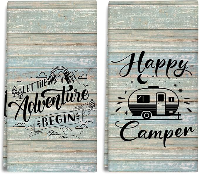 Happy Camper Kitchen Towels and Dishcloths Set of 2, Funny Decorative Hand Towel Drying Cloth for Bathroom, Camping Gift for Men, Women, 16x24 Inches -09