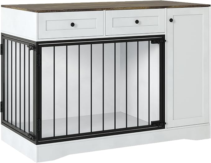 Garvee 47" Farmhouse White Dog Crate Furniture Modern Dog Kennel End Table | with Double Doors, 2 Drawers & Storage Cabinet End Table, TV Stand & Buffet Cabinet for Pet Small Medium Dogs