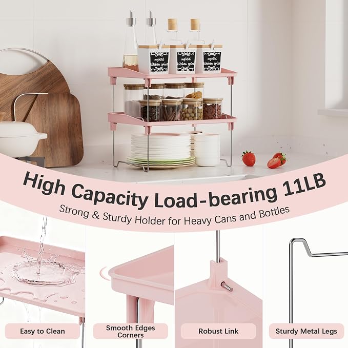 STARLATTA 2 Pcs Cabinet Organizer Shelf，Stackable Kitchen Counter Shelves, Spice Rack,Countertop Organizers，Pink Plastic Storage Shelves Rack for Makeup，Bathroom, Cupboard，Desk，Pantry Organization