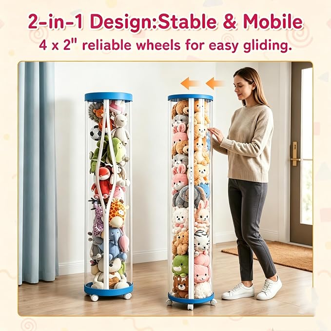 rge Stuffed Animal Storage Tube with Wheels, Tall Toy Organizer with Double Zipper, WhiteClear PET Cylinder Container for Plush Toy Organization, Space Saving Kids Room Storage,Blue
