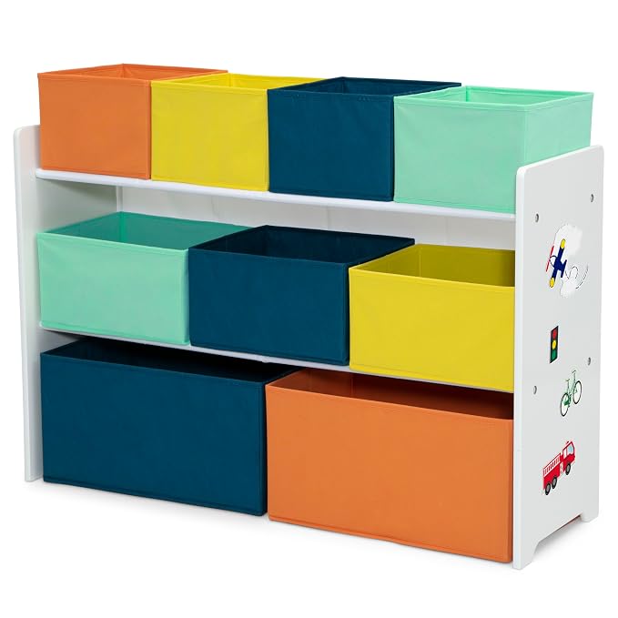 Delta Children Deluxe Multi-Bin Toy Organizer with Storage Bins - Greenguard Gold Certified, White with Navy/Green/Pastel Bins