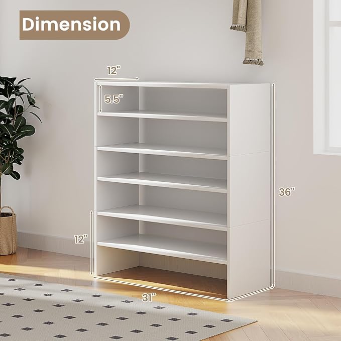 COSTWAY 6-Tier Shoe Rack, Extra Wide Shoe Shelf Organizer | Stackable Design, 31" Freestanding Storage Shoe Stand for Small Space Entryway Hallway Closet (White)