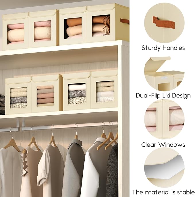 Homsorout Large Closet Storage Bins - Collapsible Divided Clothes Organizer with Lids & Dual Window, Fabric Organizing Bins for Clothes, Sweater, Bedroom, Office (Beige, 4 Pack)