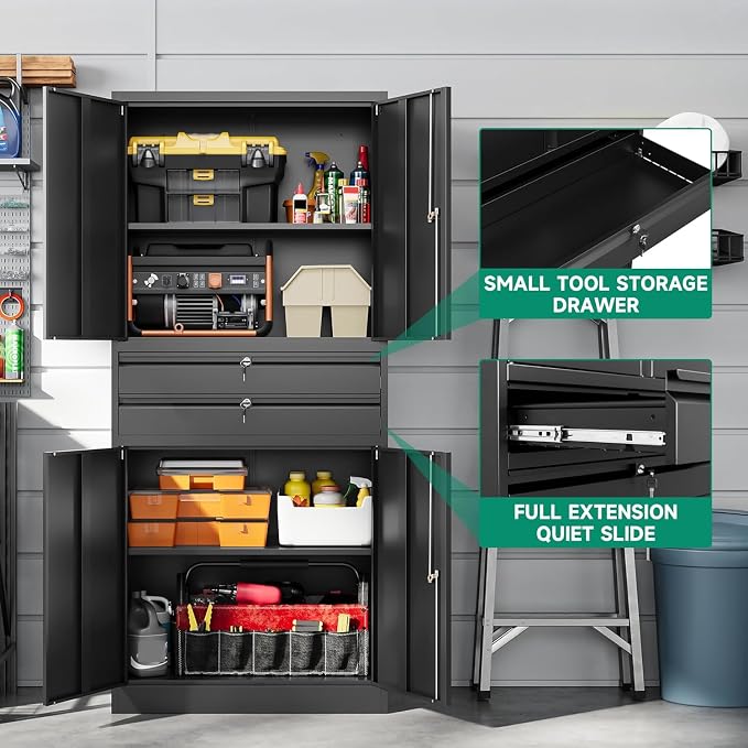 Metal Garage Storage Cabinet,71" Heavy Duty Steel Tool Cabinet with 4 Door Lock-Adjustable Shelves and 2 Drawer for Garage Home Office Utility Room (Black)