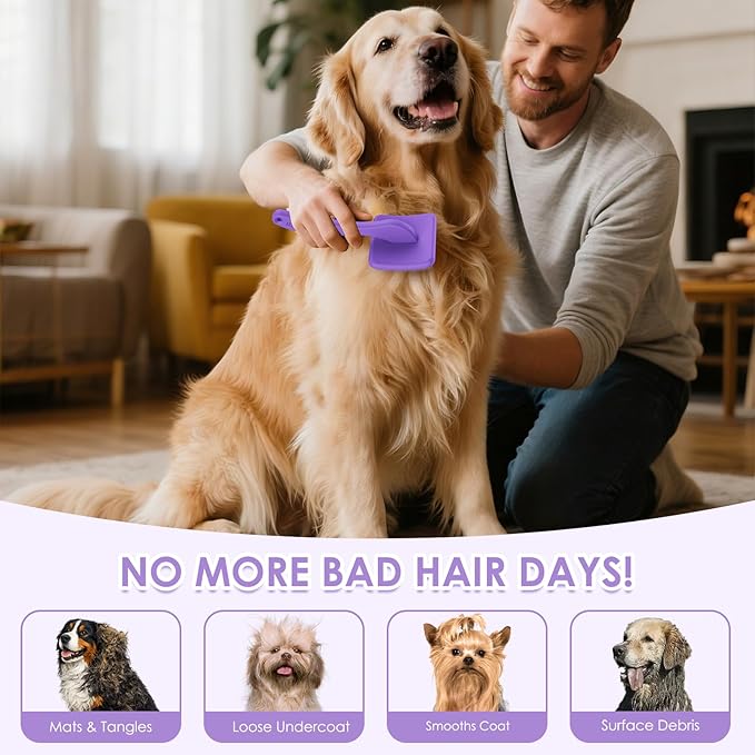 Large Dog Slicker Brush for Goldendoodles, Poodles - 3 in 1 Grooming Kit with Undercoat Rake, Comb - Extra Long Pins for Dematting Great Pyrenees, Thick Coats, Shedding, Detangling, Purple
