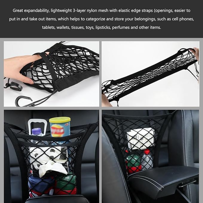 3-Layer Car Mesh Organizer, Seat Back Net Bag Stretchable Barrier of Backseat Pet Kids, Four-Side Elastic Storage Netting Pouch Cargo Tissue Purse Holder Between Front Seats