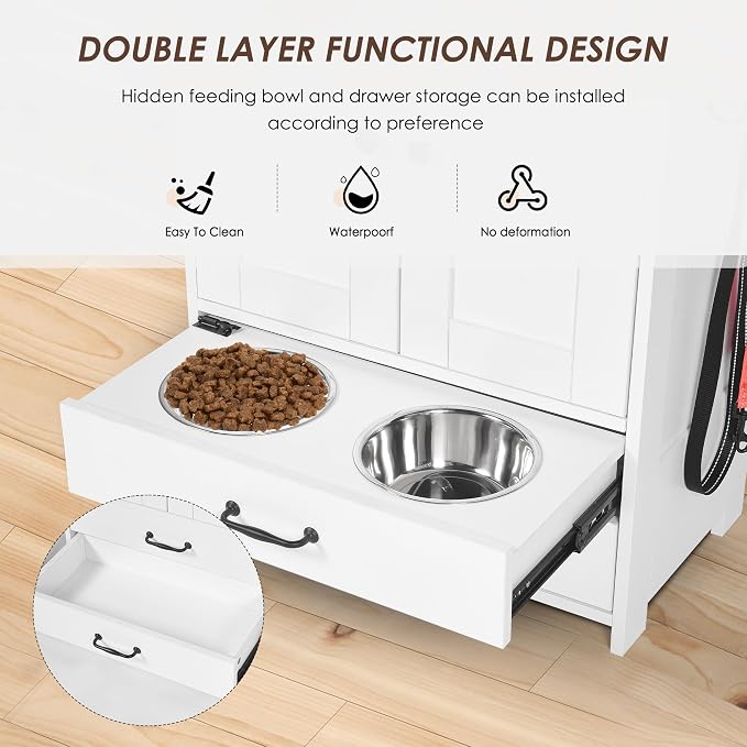 ZMAD Dog Feeding Station with Storage Cabinet and Double Door Locker with 2 Adjustable Dog Bowls, Hidden Pet Feeder Station Wood, Cat Food Storage Cabinet