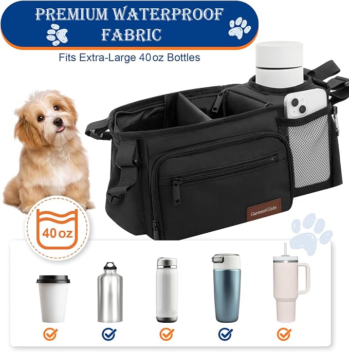 Dog Stroller Organizer Bag, Pet Stroller Caddy with Insulated Cup Holder | Fits 14–19" Handles, Treat Pocket, Poop Bag Dispenser & Multiple Pockets for Dog Stroller Accessories, Dog Mom Gift Ideas