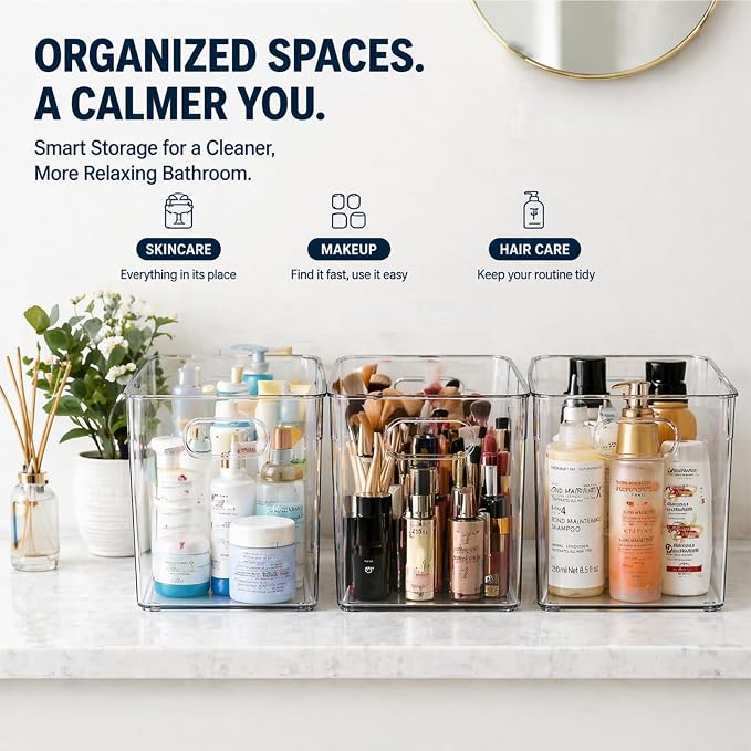MOONEDGE 6 Pack Clear Organizer Bins 11x8x6in Pantry Organizers and Storage | Clear Containers for Organizing, Plastic Storage Bins with Handles for Drawer, Craft, Fridge, Kitchen Cabinet Shelf