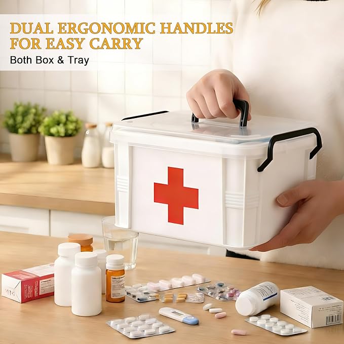 15QT Clear Medicine Organizer Box with Handle, Plastic Medicine Container with Tray First Aid Box Empty, Thickened Medicine Storage Organizer Multipurpose Medication Organizer Storage, White