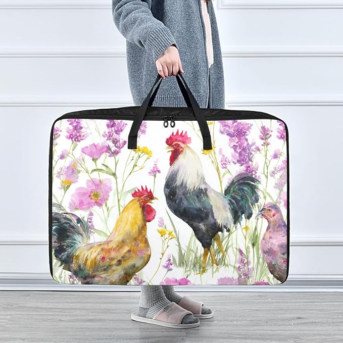 Comforter Storage Bags Large Folding Blanket Organizer Bag with Strong Handles Clear Window Closet Storage Containers for Clothes King Queen Pillows Bedding Quilt Duvet Roosters Hens Spring Wil