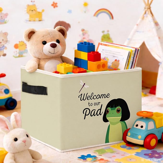 Frog Welcome Storage Bin, Foldable Fabric Organizer Basket | Frog welcome storage bin with “Welcome to our pad” text, soft green background, foldable fabric and handles.