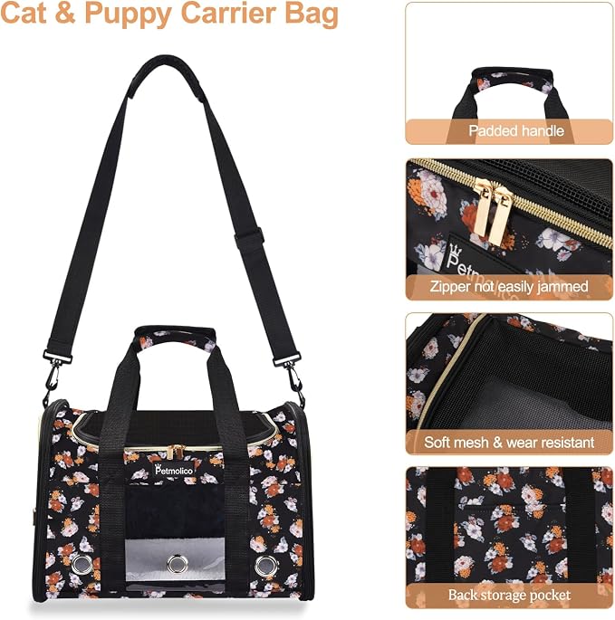 Petmolico Cat Carrier Soft-Sided Airline Approved, Large, Orange Flower | For small/medium cats & puppies up to 16 lbs, 3 open doors, travel-friendly pet bag