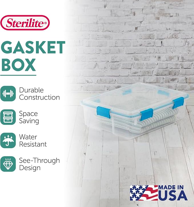Sterilite Gasket Storage Box with Lids for Home & Office, 37 Quart, 4-Pack | Heavy-Duty, Stackable, and Organizing Containers for Bathroom, Cabinet, Closet, and Garage, Clear and Blue Aquarium Latches