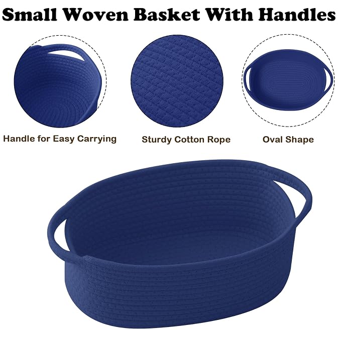 Royal Blue Woven Rope Basket,Baby Gift Basket with Bag & Ribbon | Cotton rope with handle, 12x8x5 in, gift bag and ribbon, for baby shower, birthday, toy storage, nursery, shelf decor