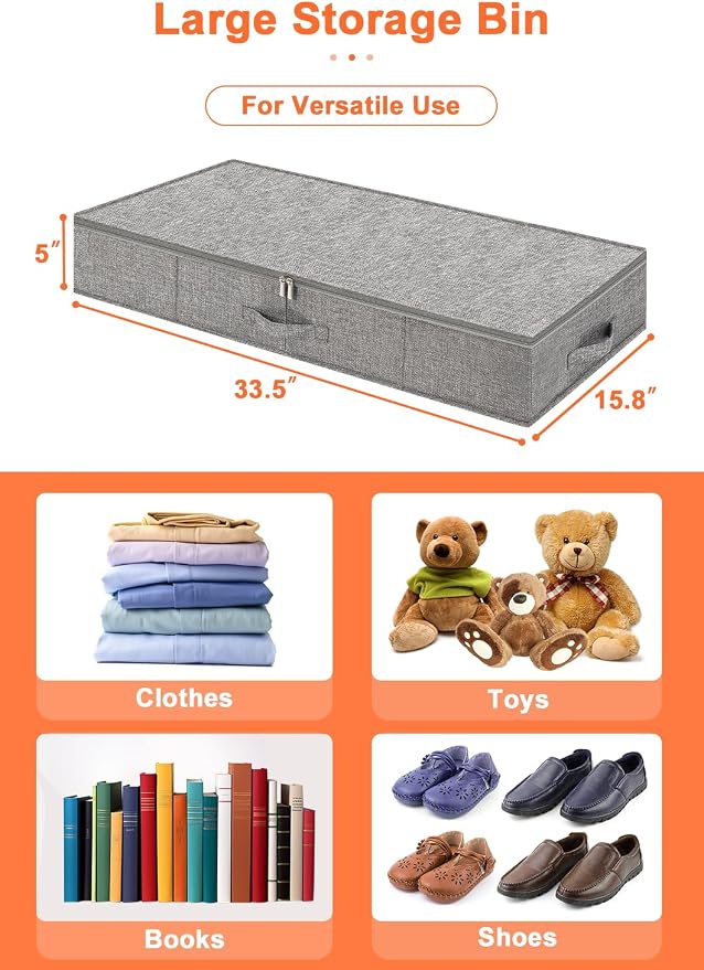 punemi 5 inch High Sturdy Low Profile Under Bed Storage, 2 Pack, Grey | Shallow Storage Bin with Sturdy Sides & Bottom, Ideal for Clothes, Blankets & Toys, Fits Under Cribs, Sofas & Dorm Beds