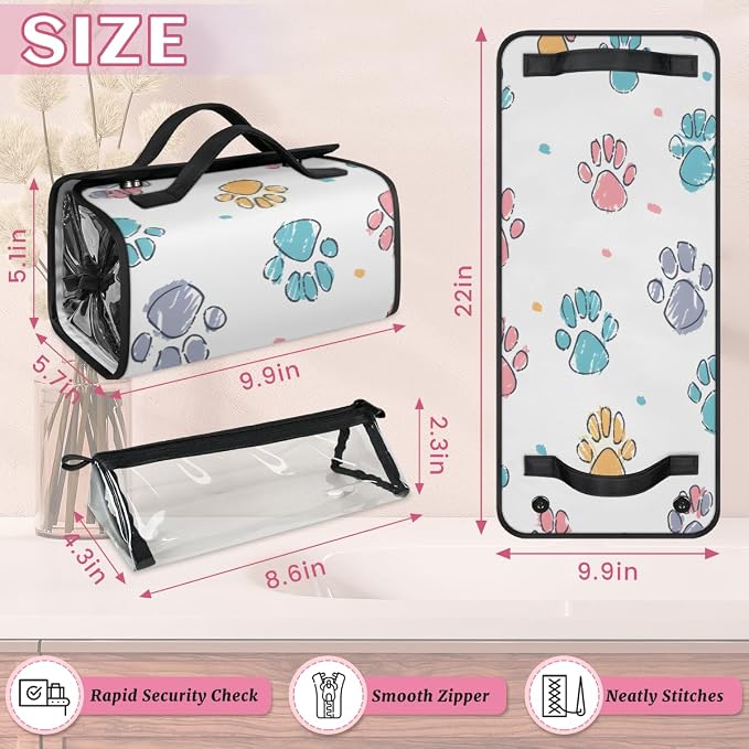 Paw Print Makeup Bag for Women Hanging Roll-Up Travel Organizer Toiletry Kit with 4 Removable Compartments, Puppy Dog Paw
