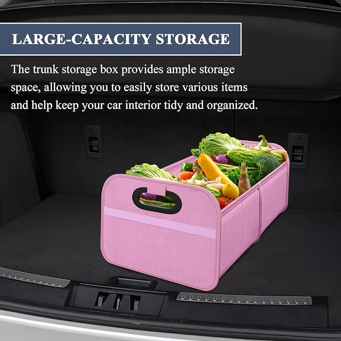 Car Trunk Organizer, Foldable Car Trunk Storage Box with 2 Compartments & Mesh Pocket, Large Capacity, Portable with Handle, Collapsible Backseat Storage Organizer for SUV Truck Sedan (Pink)