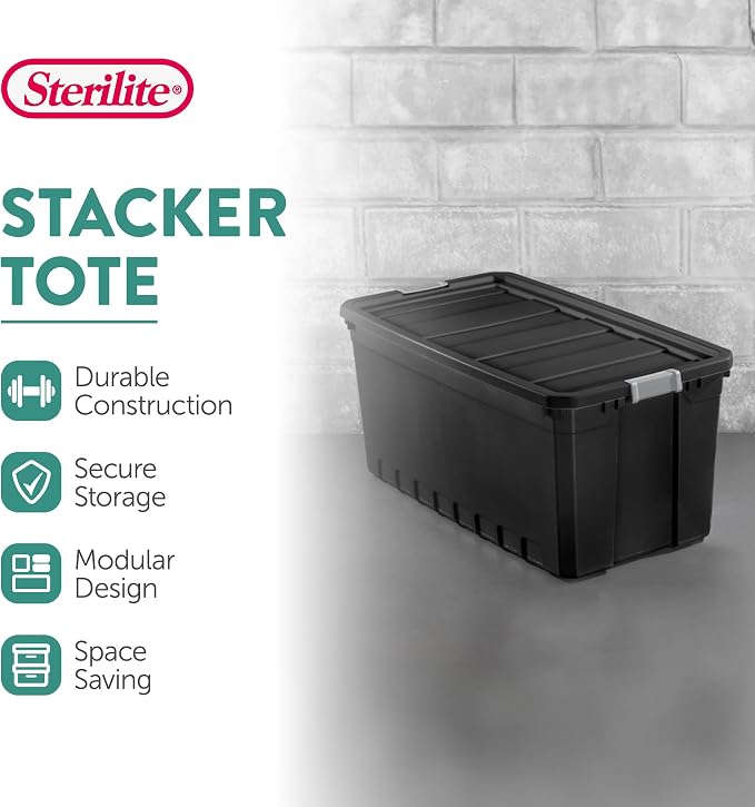 Sterilite 6-Pack Plastic Storage Bins with Lids, Stackable Containers, 50 Gallon, Black
