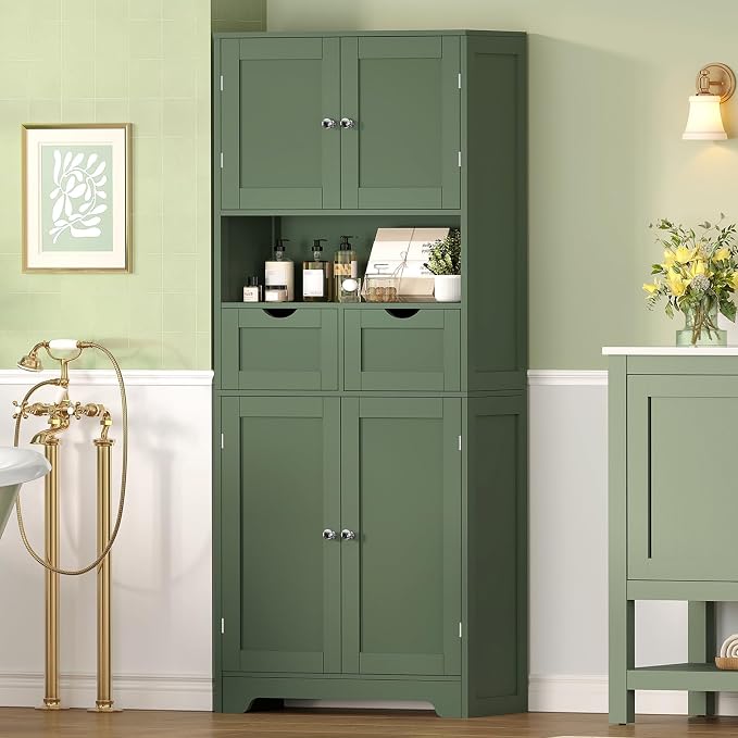 TEENFON 57.8" H Tall Bathroom Storage Cabinet with 2 Drawers & 2 Adjustable Shelves, Floor Cabinet with 4 Doors, Tall Cabinet for Living Room, Dining Room, Entryway, Forest Green